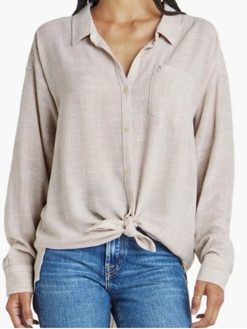 Splendid NWT Large Bowen Linen Blouse Light Taupe and White stripes Fawn color